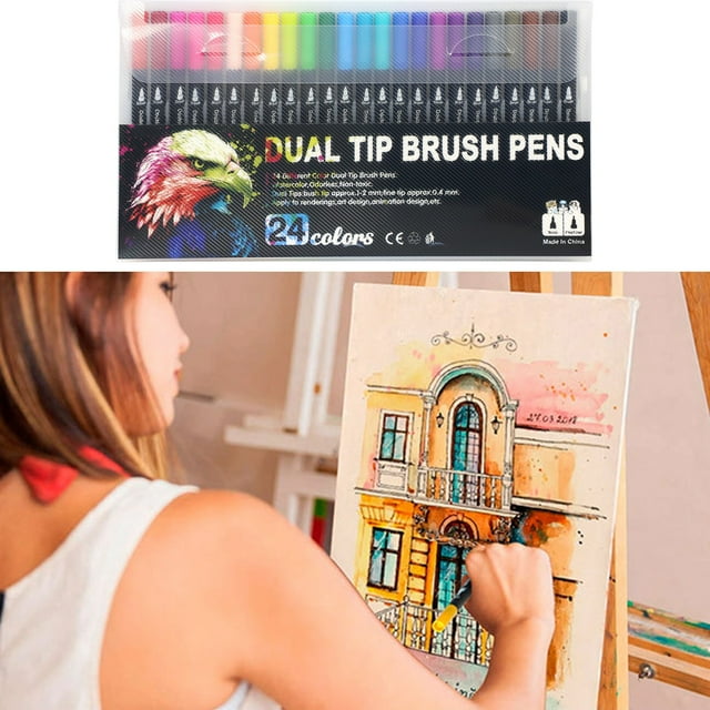 Rotuladores de acuarela para niños | Pack de 24 rotuladores lavables con doble pincel y punta fina | Tinta soluble en agua no tóxica para libros escolares, de dibujo y para colorear