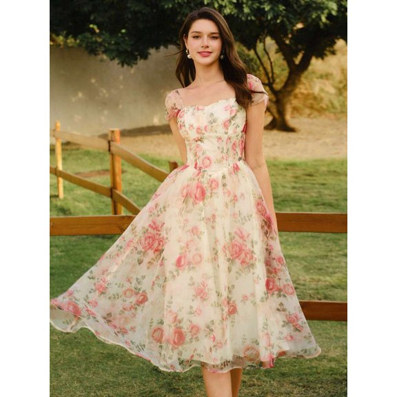 Apricot Floral Organza Midi Dress With Puff Sleeves And Sweetheart Neckline