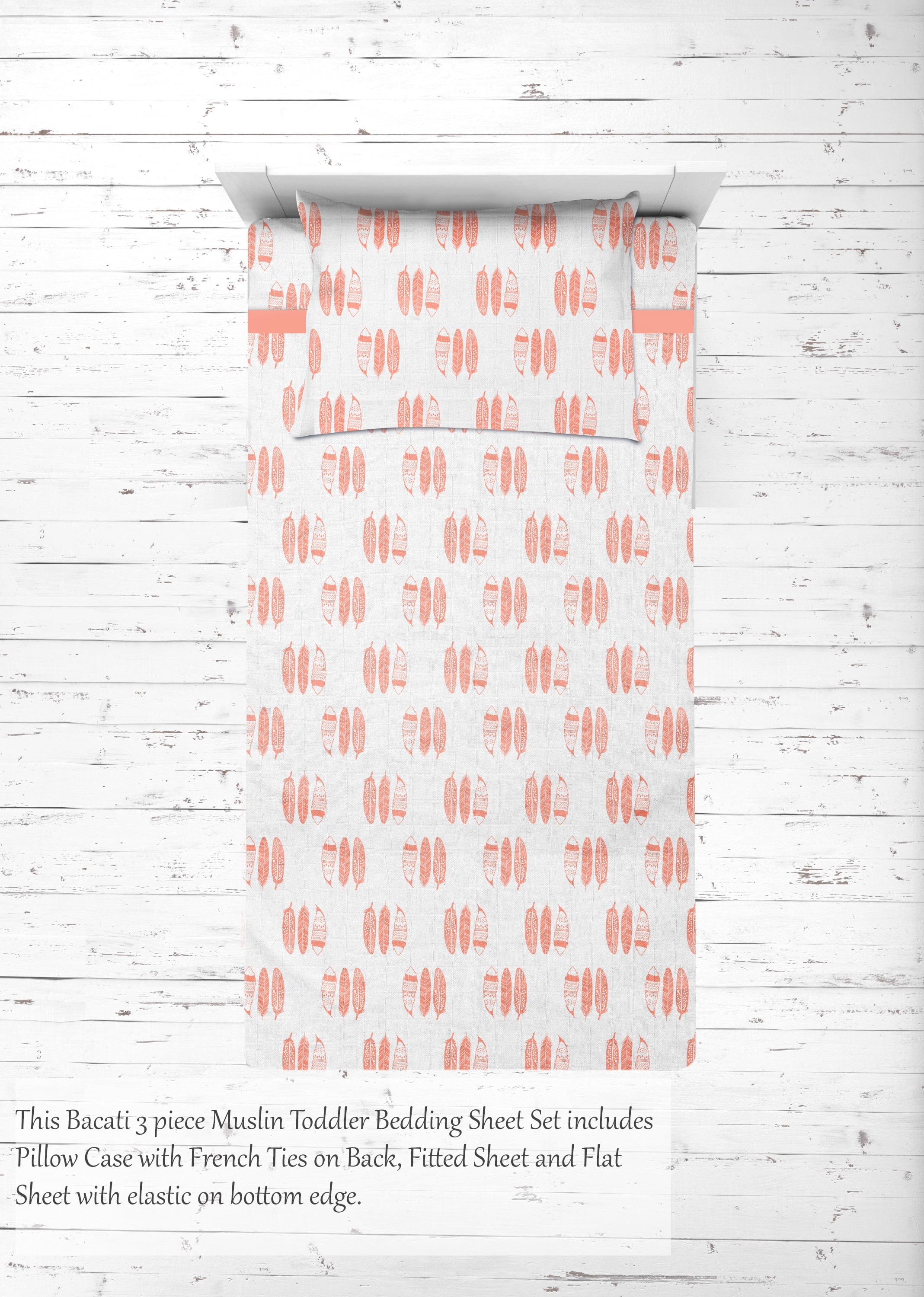 Bacati - Aztec/Tribal Coral/Navy 3-Piece 100% Cotton breathable Muslin Toddler Bedding Sheet Set, Feathers