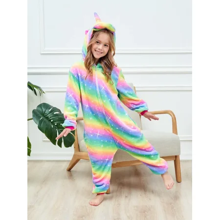 

Girls Casual Cute Unicorn Hooded Pajamas With Rainbow And Star Print Fleece Thermal Zipper Pajamas For Winter Home Party