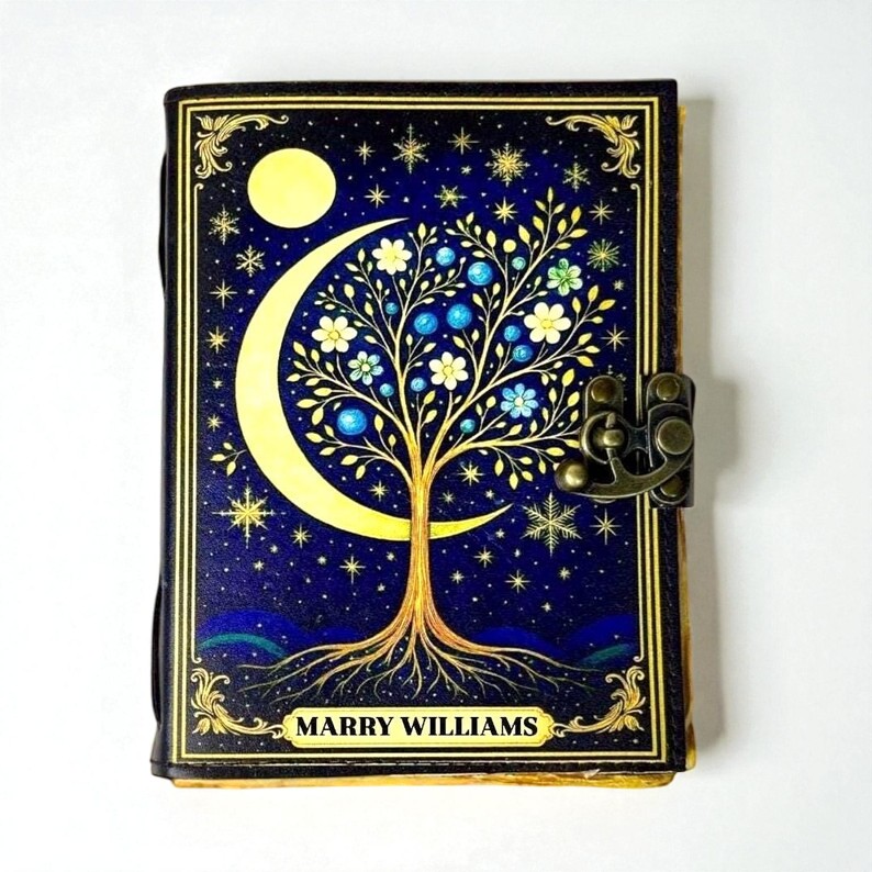 Personalized Moon Tree Leather Journal – Handmade Grimoire, 200 Pages Witchcraft Spell Book of Shadows,