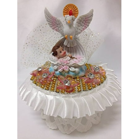 Christening Baby Girl With White Dove Centerpiece Cake Topper