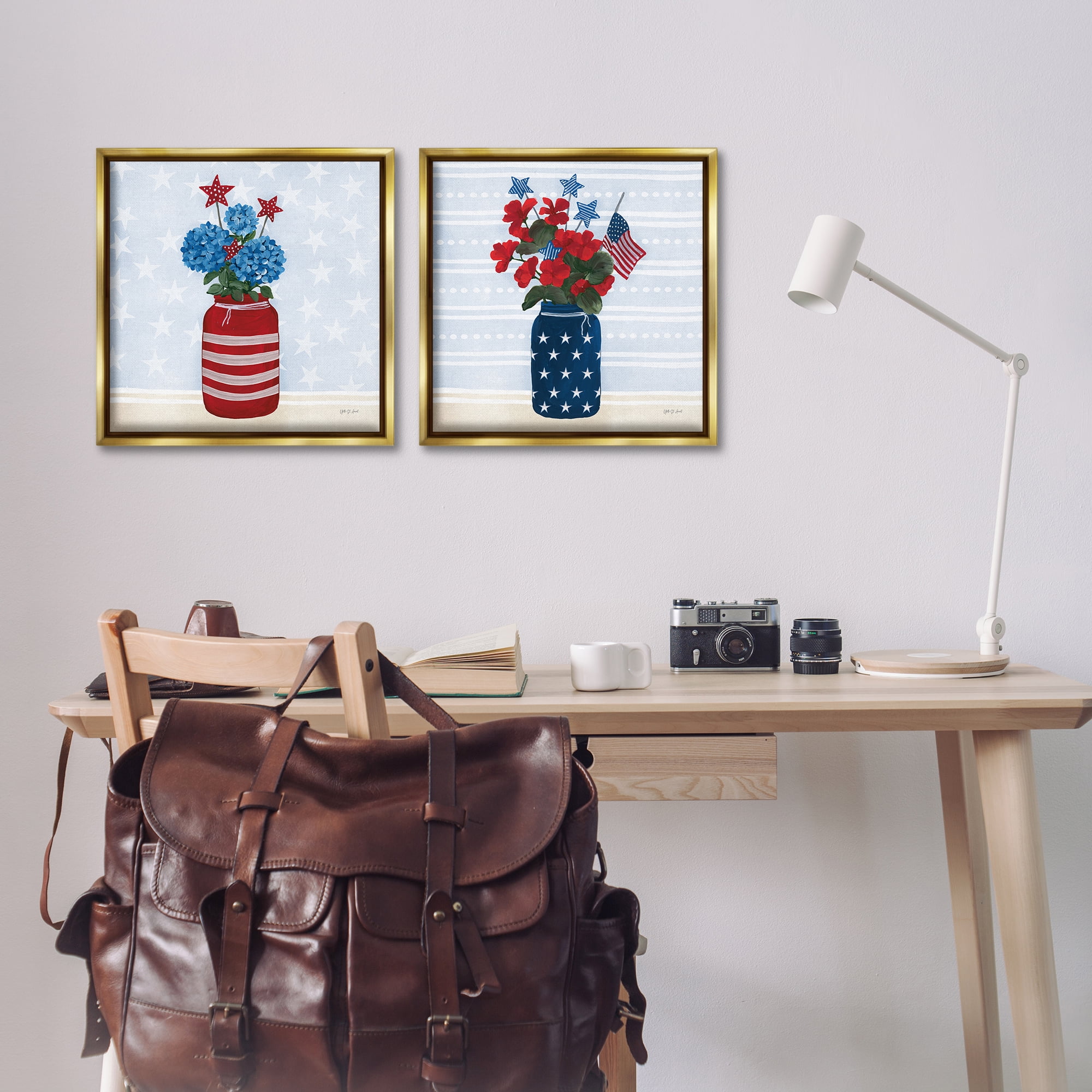 Stupell Industries Patriotic Stripes & Stars Florals Patriotic Painting Gold Floater Framed Canvas Art Print Wall Art, 18 x 18, Set of 2