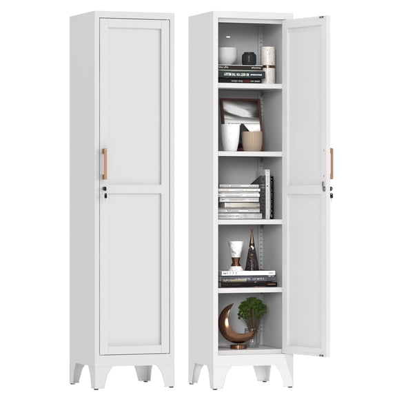 67"Tall Narrow Storage Cabinet Metal Bathroom Cabinet with Lockable &4 Adjustable Shelve,Anti-Tip Design,Standing Pantry Cabinets Cupboard for Kitchen,Dining Room,Living Room-Assembly Required(White)