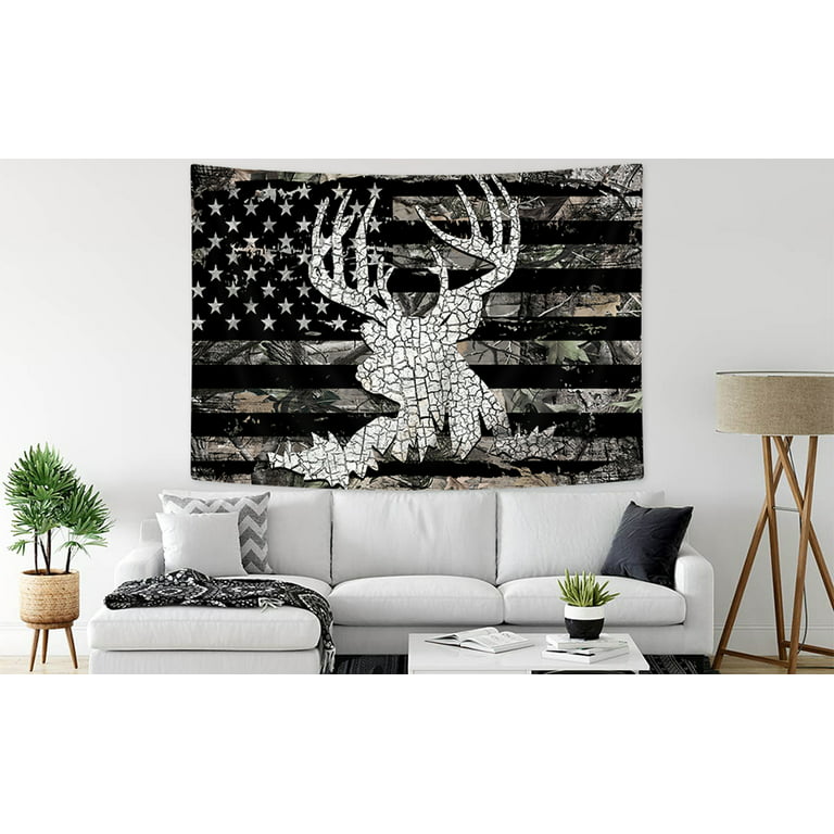 Camo Deer Antler Kids Tapestry,Fish Hook Wild Animals Hunting Wall  Tapestries,Boys Girls Adults Room Decor,Dead Branch Rustic Farmhouse Wall