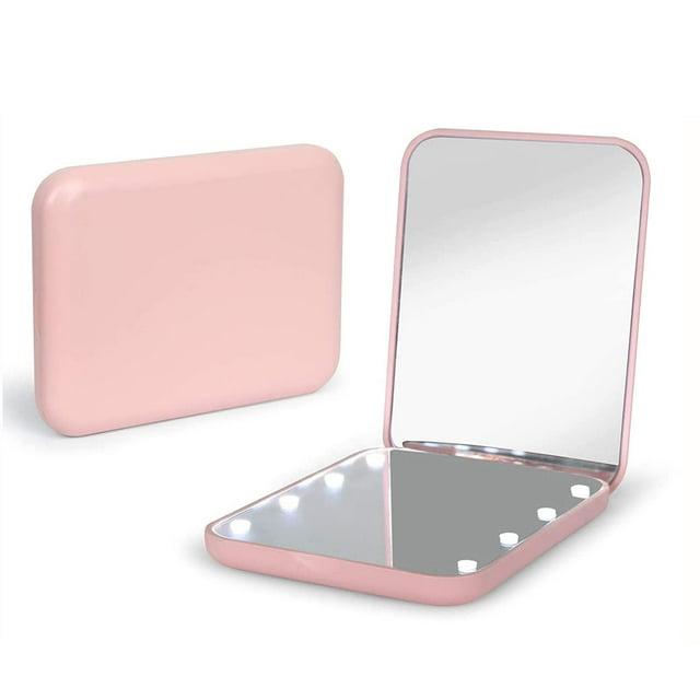 Espejo de bolsillo KinKiu OT Compacto de Viaje LED Aumento 1X/3X Rosa