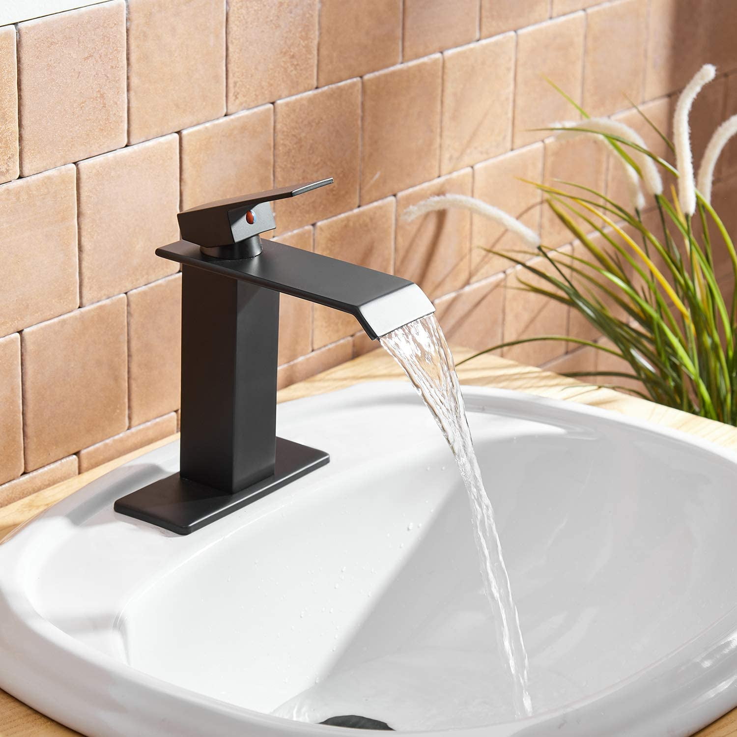 BWE Matte Black Bathroom Faucet Modern Waterfall Single Hole Bathroom Sink Faucet Parts Square Spout Bath Lavatory Vanity and Supply Hose Single Handle