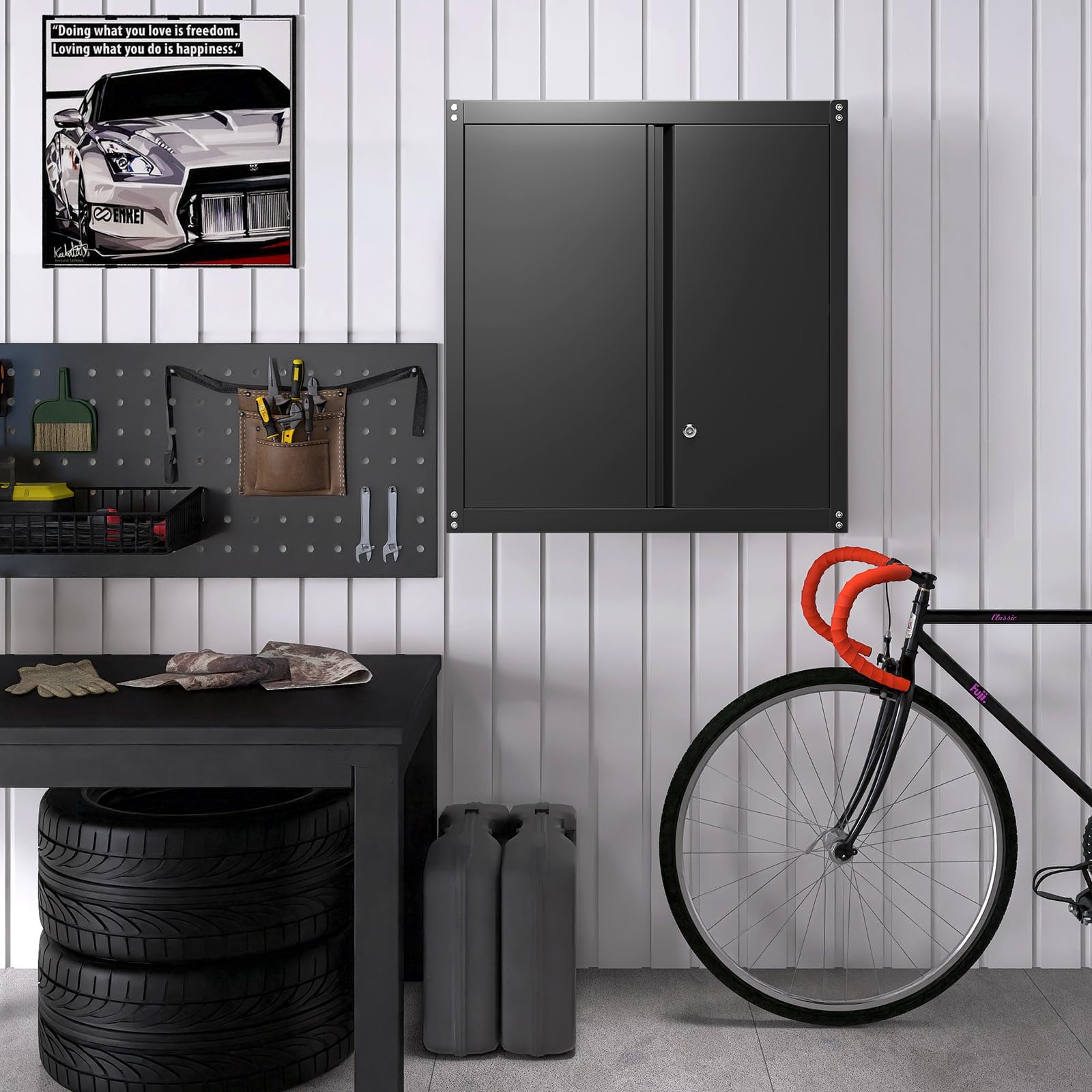 Marcree Garage Wall Storage Cabinet, Metal Wall Mount Cabinet with 2 Locking Doors and Adjustable Shelf, Small Steel Tool Cabinet for Kitchen, Garage, Laundry Room, Pantry, Black