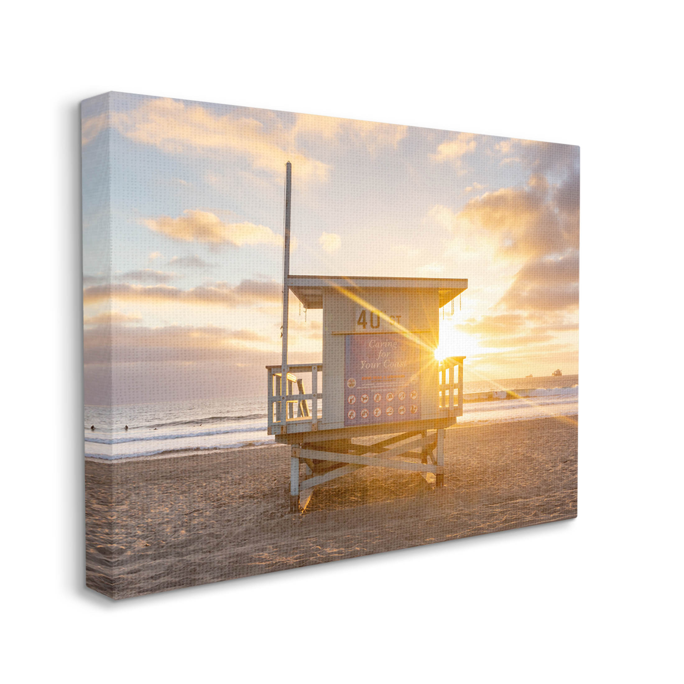 Beach Hut Sunset Flare Coastal Photograph Gallery Wrapped Canvas Print Wall Art