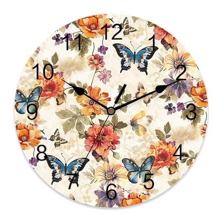 12 Inch Flowers Butterfly Wall Clock, Leaf Floral Retro Battery Operated Silent Non Ticking Clocks, Easy to Read Round Wall Clock for Kitchen/Living Room/Bedroom/Bathroom