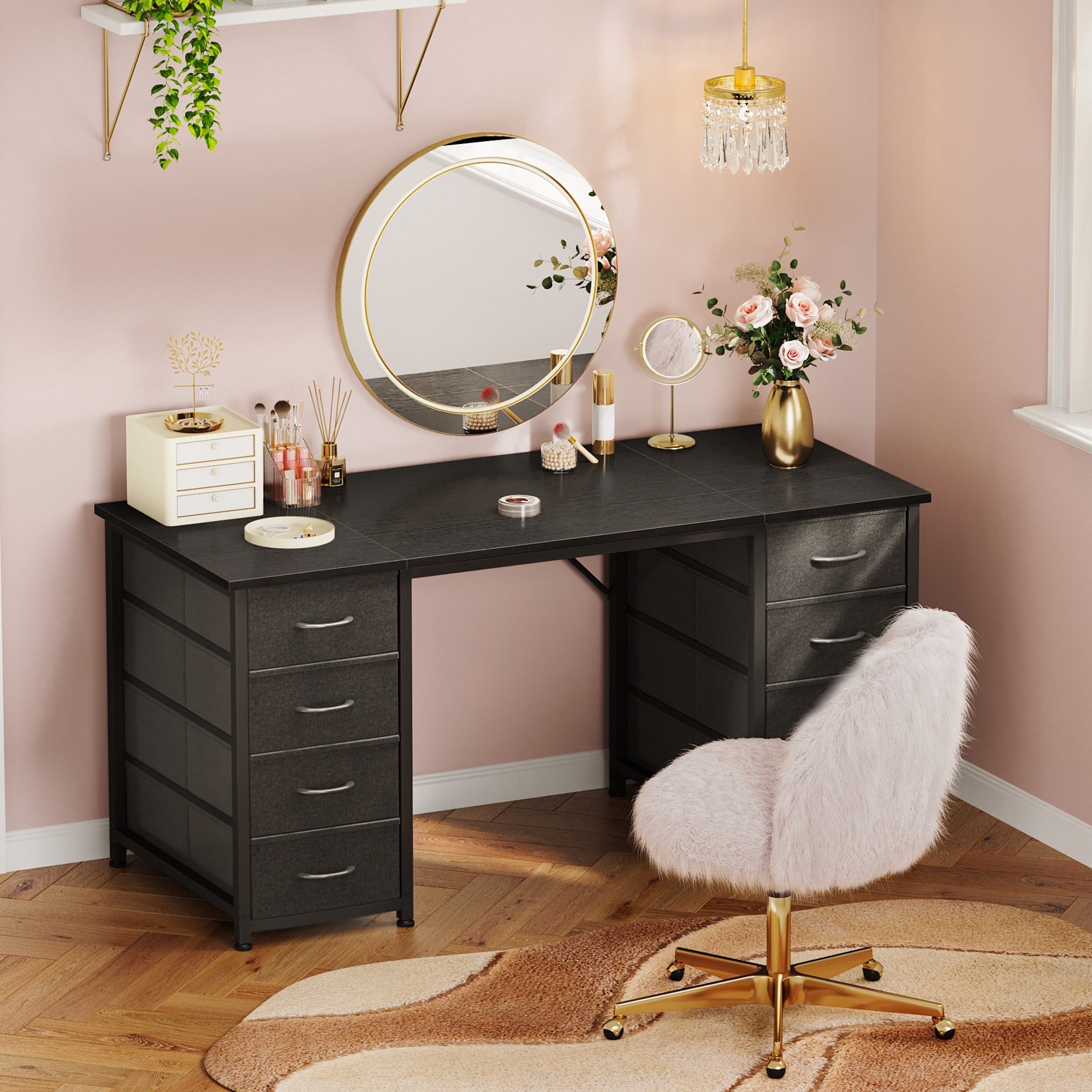 Black Computer Desk with Drawers for Storage - 48 inch Home Office Desk with 8 Fabric Drawers, Writing Study Desk with Drawers on Both Sides for Bedroom
