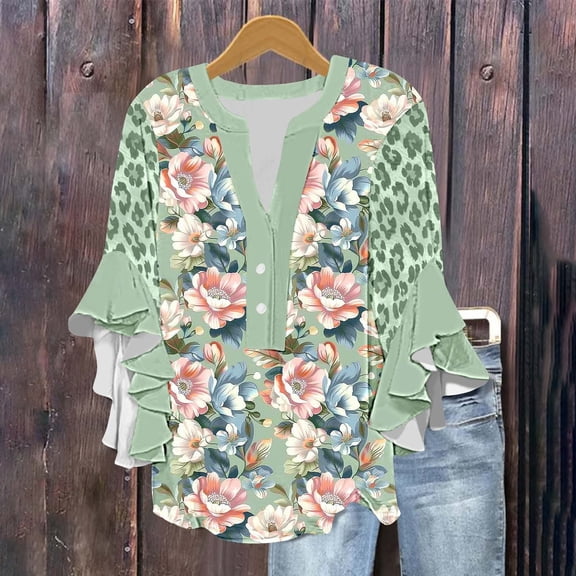 Njagoc3 Womens Loose Floral Print V-Neck Ruffled Bell Sleeve Blouse - Summer Breathable Top