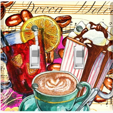 Metal Light Switch Wall Plate Outlet Cover (Coffee Beans Mocha Tea Marshmallow Treat Beige Yellow Letter - Double Toggle)