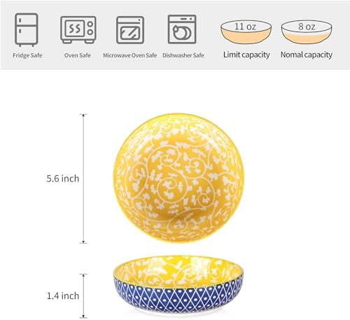 Ceramic Cat Food Bowl Set of 4, 5.6 Inch Wide Shallow Cat Bowls/Dishes for Food and Water, Assorted Colors