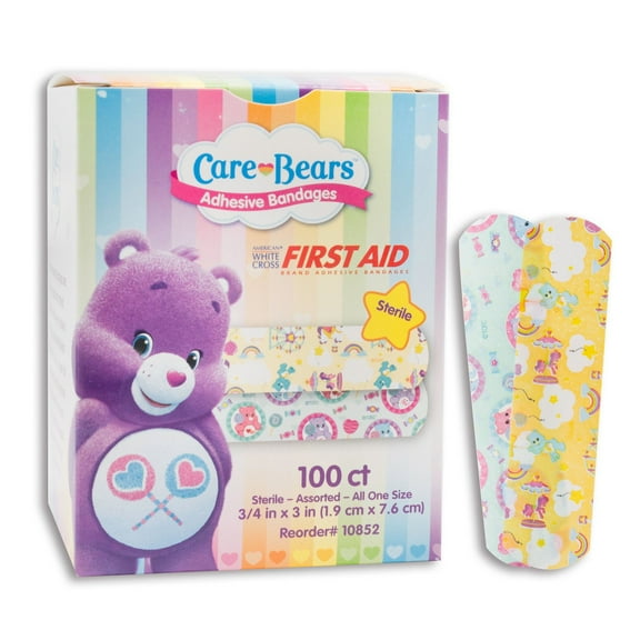 American White Cross Stat Strip Adhesive Strip for Kids, Care Bears Bandages, 100 Count, 1 Pack