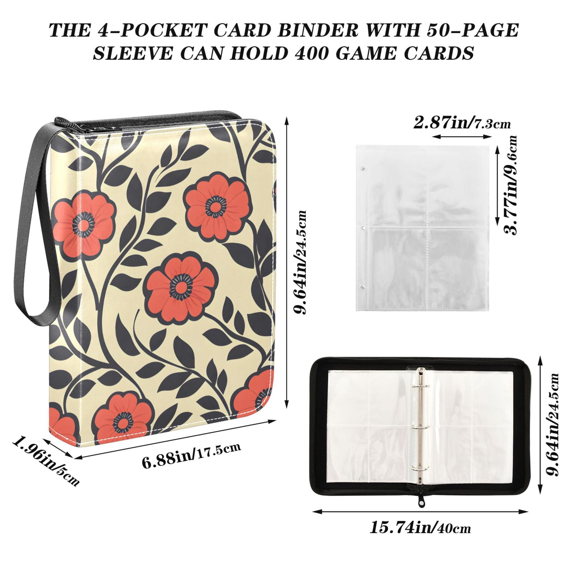 Trading Card Binder Album 400 Pockets 50 Removable 4-Pocket Pages Waterproof Elegant Retro Flowers and Leaves
