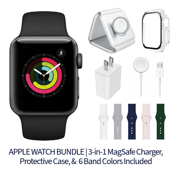 Restored Apple Watch Series 3 Bundle - 42mm GPS Cellular Space Gray (2017) - 3-in-1 MagSafe Charger, Protective Case & 6 Bands Included (Refurbished)