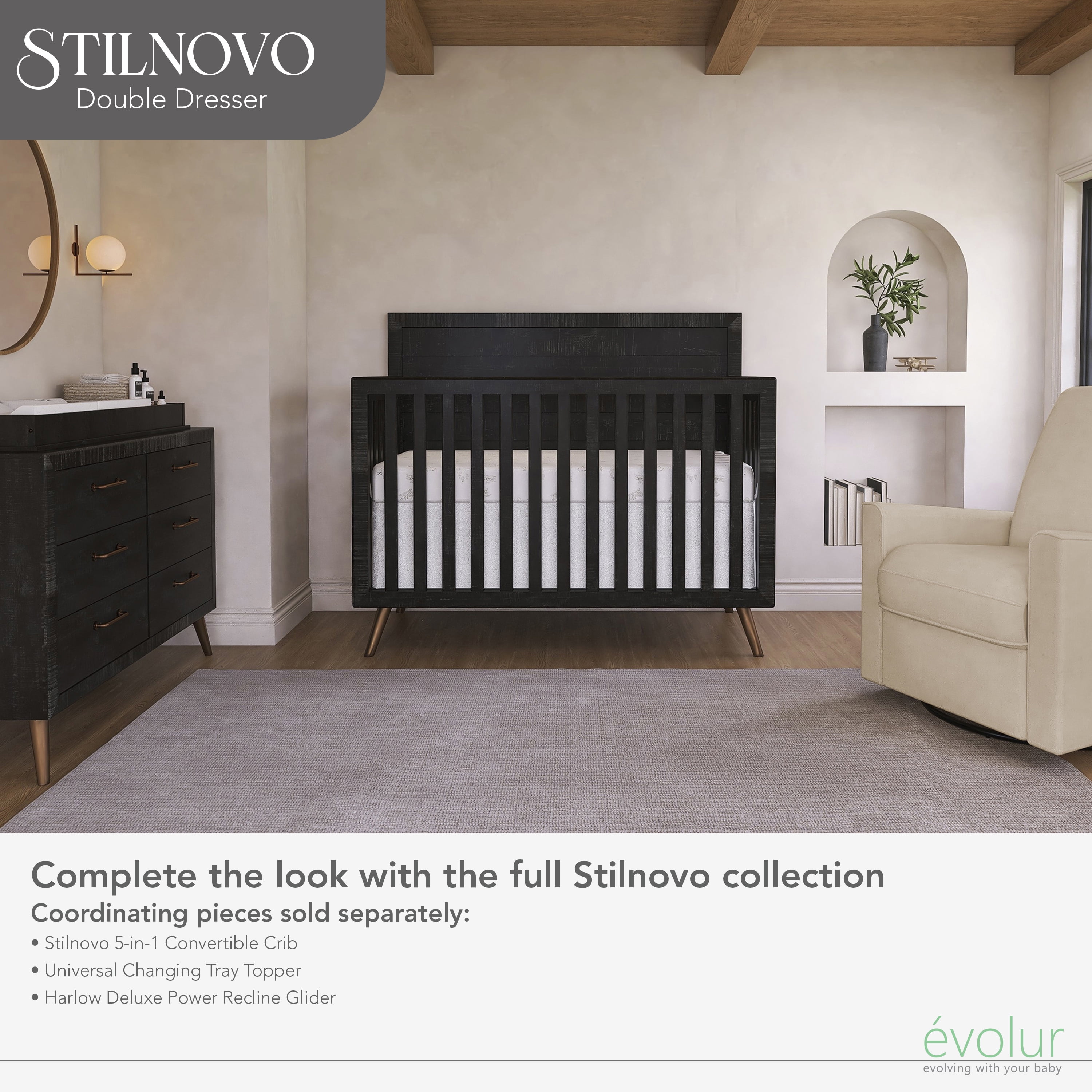 Evolur Stilnovo Mid Century Double Dresser In Onyx Black