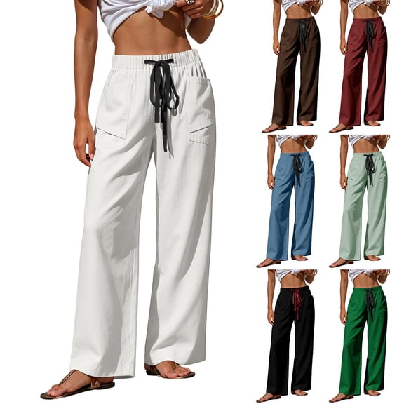 Women's Soft Fabric Wide Leg Pants, Elastic Waist Drawstring Pull On Trousers with Pockets, Casual Mid Waisted Flowy Palazzo Pants for Summer Beach, Vacation, Daily | TruBelle,Black L