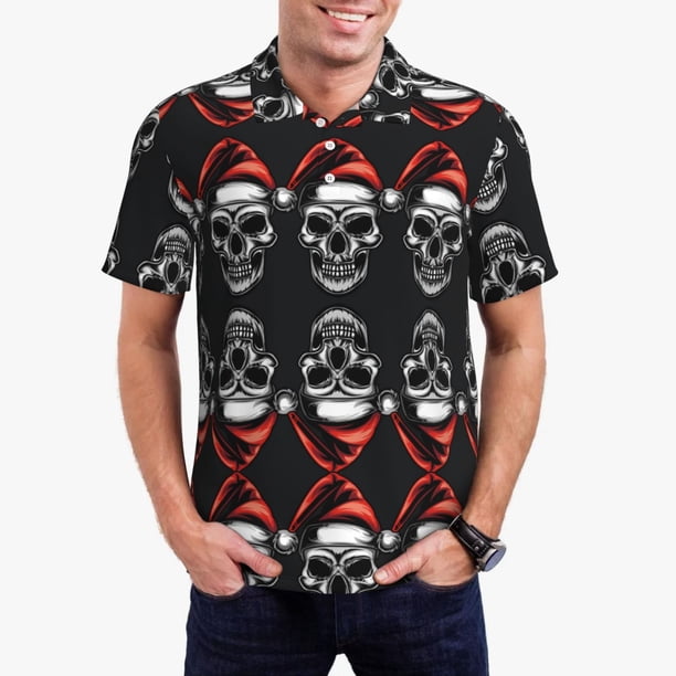 Fotbe Skull santa hat Camiseta Polo de Golf para Hombre con Estampado – Camisa Deportiva Transpirable con Cuello Abotonado-X-Large