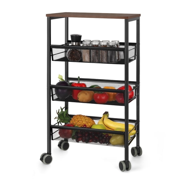 OYEAL 4-Tier Rolling Cart Mesh Wire Utility Serving Cart with 2 Lockable Wheels, Multi-Functional Storage Trolley for Home Kitchen, Office(Black)