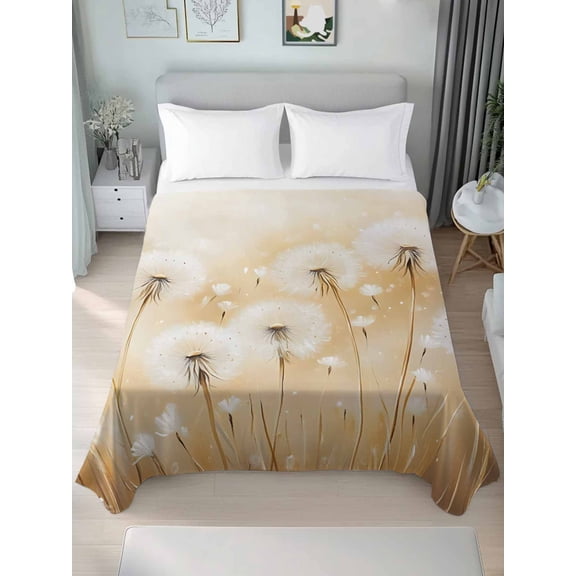 White Dandelion Twim Size Flat Sheet, Wrinkleproof & Fadeproof Cooling Flat Bed Sheet Only, Spring Farmhouse Pastoral Flowers Floral Breathable Soft Bedding Top Sheets 66 x 96 Inches