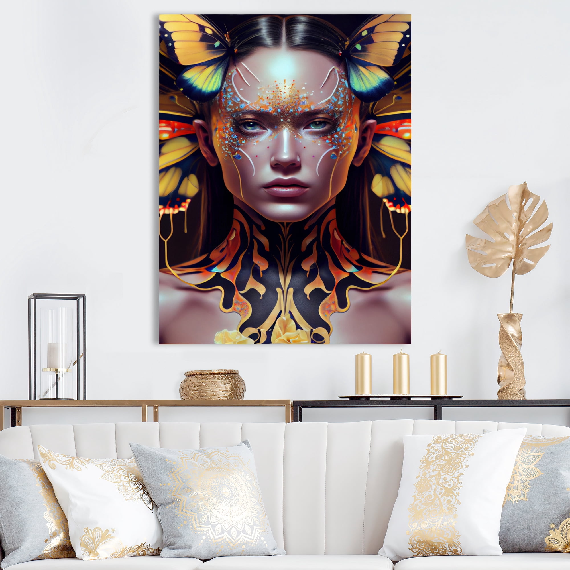 Designart Sensual Woman With Colorful Butterfly X Canvas Wall Art
