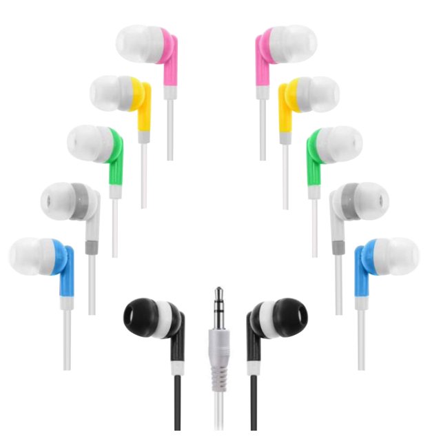 Deal Maniac 10 Pack Multi Color Kid's Wired Earbud Headphones, Disposable Earbuds, Individually Bagged, Perfect for Students in Classroom Libraries Schools, Bulk Wholesale
