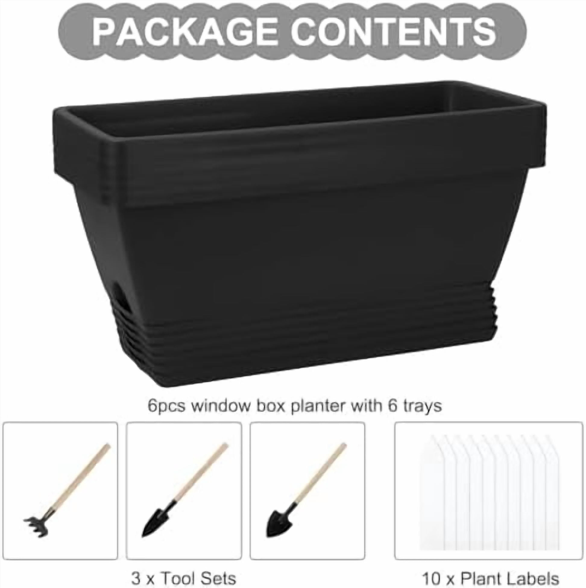 Window Box Planter, 6 Packs 17 Inches Rectangle Planters Box with Drainage Holes and Trays, Vegetable Planters for Windowsill Patio Garden Home Decor Porch Yard Dark Gray