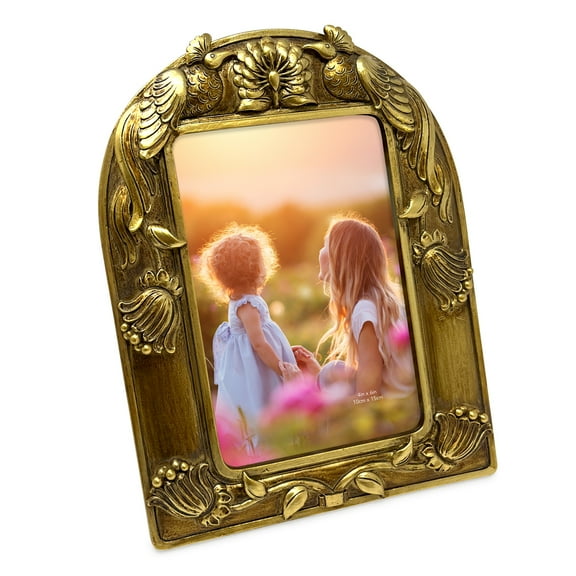 Isaac Jacobs 4x6 Gold Peacock Arch Frame with Easel for Tabletop Display, Decorative Art Design, Home Décor (4x6, Gold)