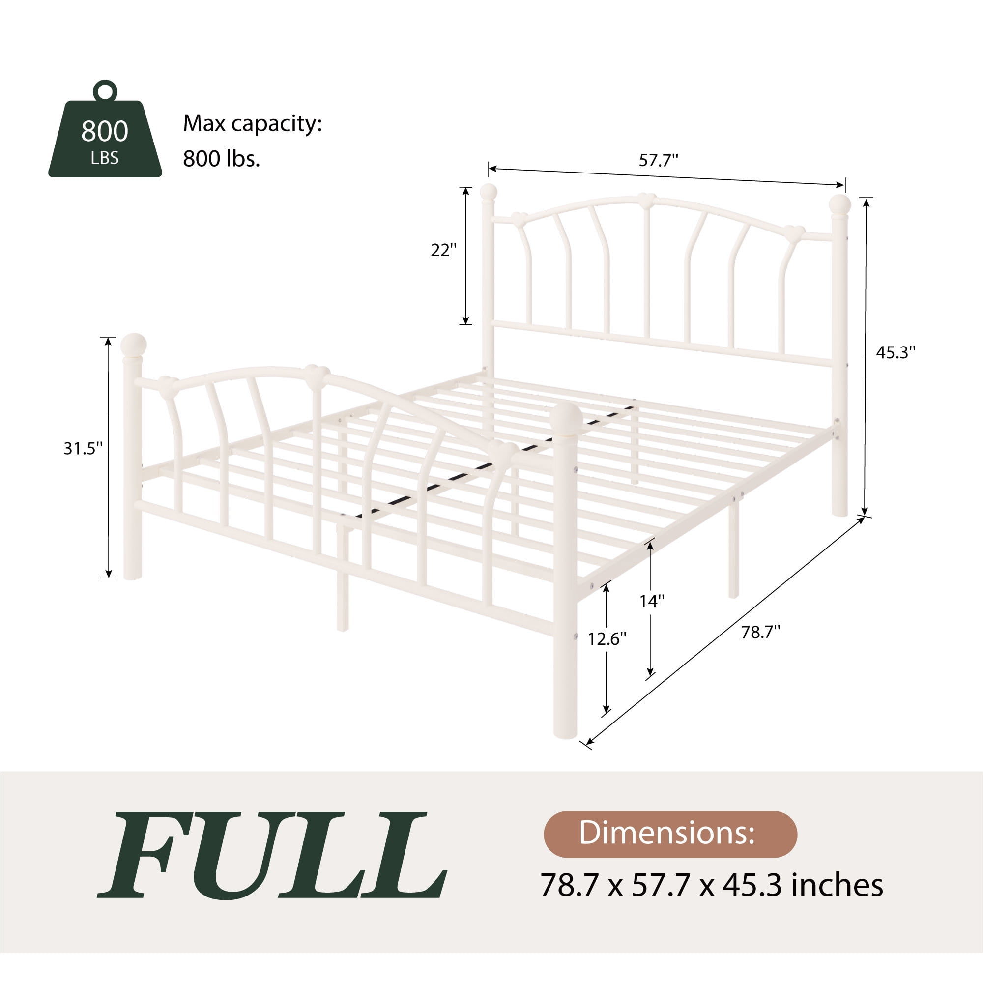 Amolife Full Bed Frame, Metal Platform Bed with Heart-Shaped Headboard and Footboard, 12.6'' Under-Bed Storage Space, No Box Spring Needed, Cream White