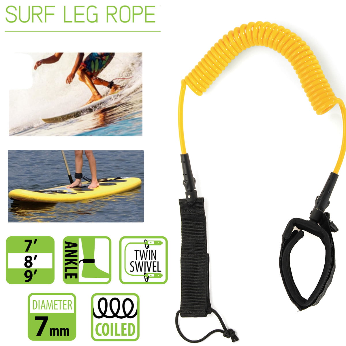 8 Colors SUP Replacement Leg Rope for Longboard、Straight Surf Board、Shortboard、Bodyboard、Skimboards 6/7 mm Stand Up Paddle Board Surfboard Coiled Leash Surf Board leash 6/7/9 Feet Premium SUP Leash 