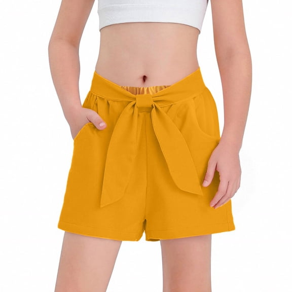 CCRFTGI Shorts for Child Girls 7-8 Athletic Bowknot Tie Waist Sweatpants Comfort Wide Leg 2026 Summer Shorts Yellow 7-8 Years