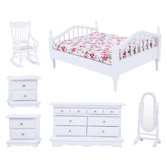 Juego de 6 muebles de dormitorio en miniatura de madera blanca para casa de muñecas, escala 1:12