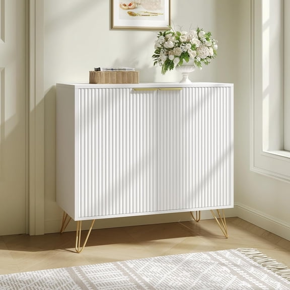 Fluted Storage Cabinet, 2 Doors Sideboard Buffet Cabinet, Modern Wood Accent Cabinet with Adjustable Shelves, Console Table for Living Room, Hallway, Entryway, White