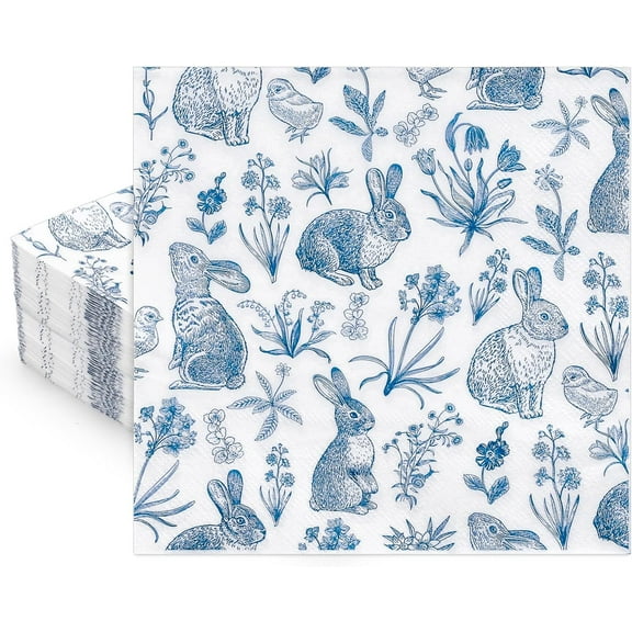 Blue White Easter Paper Napkins Retro Bunny Rabbit Flower Disposable Luncheon Dinner Napkins for Spring Wedding Birthday Party Table Supplies