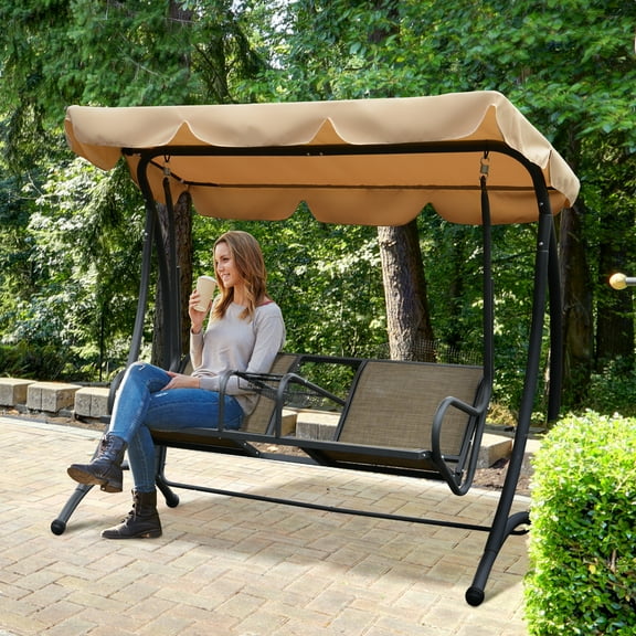 Outsunny 2-Person Porch Swing with Canopy, Cup Holder, Tray, Brown