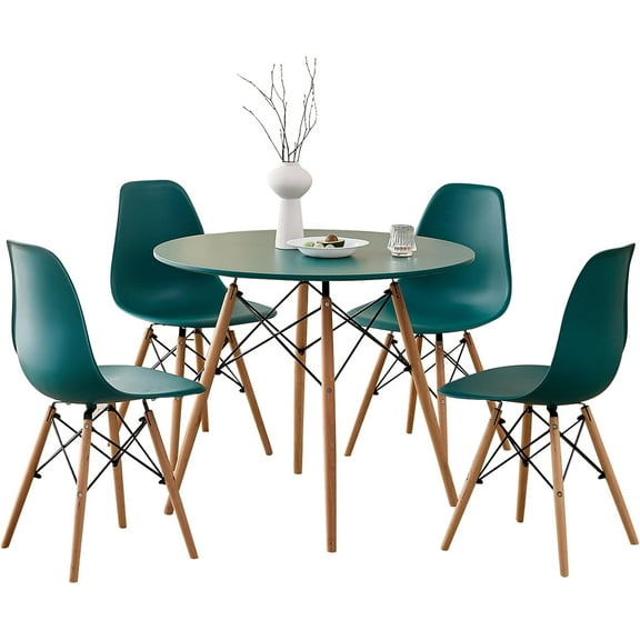 5-Piece Round Dining Table Set, Small 35.5" Kitchen Table Chairs Set of 4 Space Saving Furniture, Plastic Seats, Solid Wood Legs, for Living Room Apartment Office Home, Green