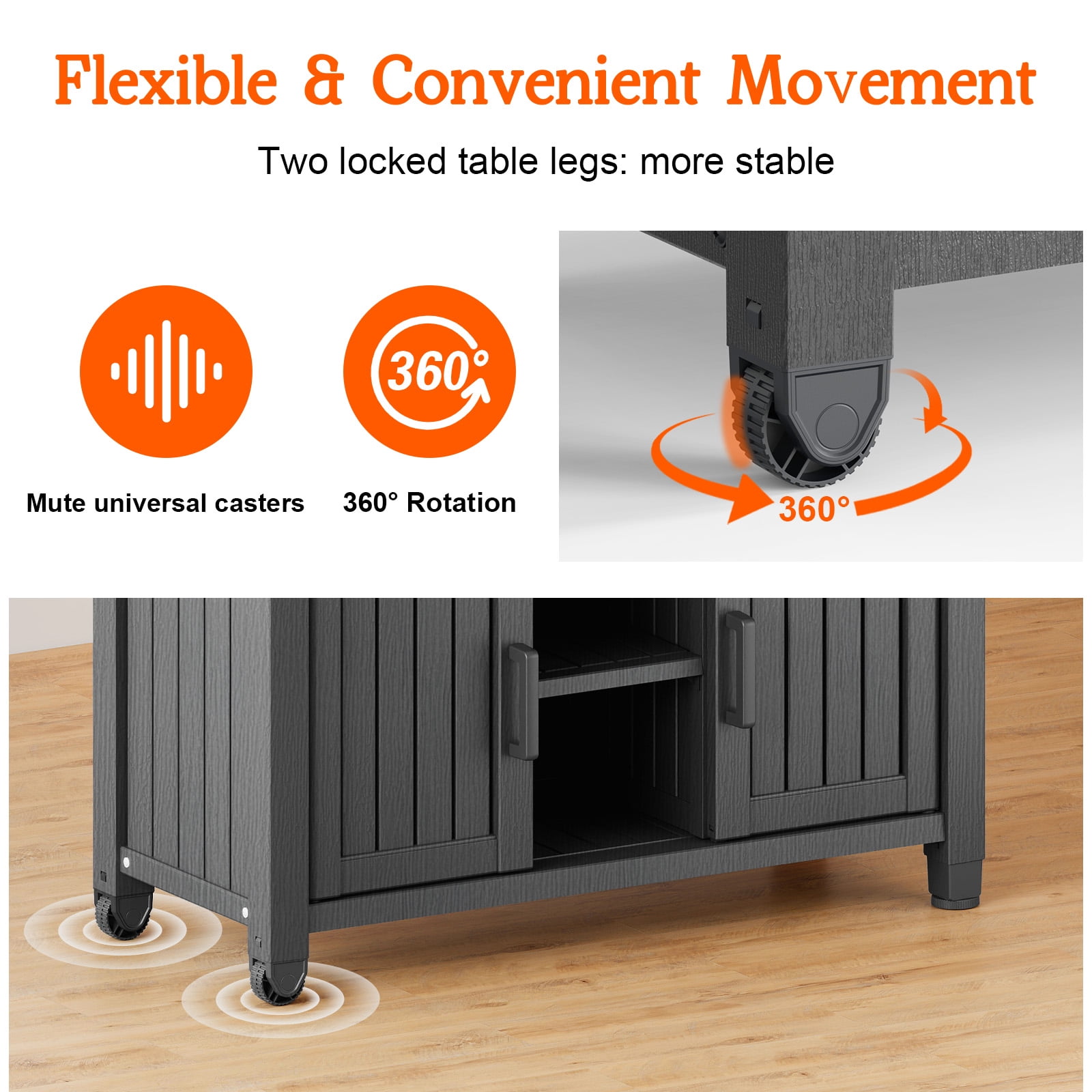 Fazzn Outdoor Rolling Table Cart for Food Prep, Storage, Bar & Grill, Black - Portable Kitchen Island Tabletop with Wheels for Drinks, Snacks, and Cooking