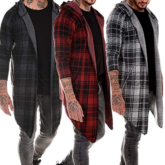 Joernso Autumn Fashion Men Plaid Print Long Sleeve Causal Hooded Shirt Coat Outwear
