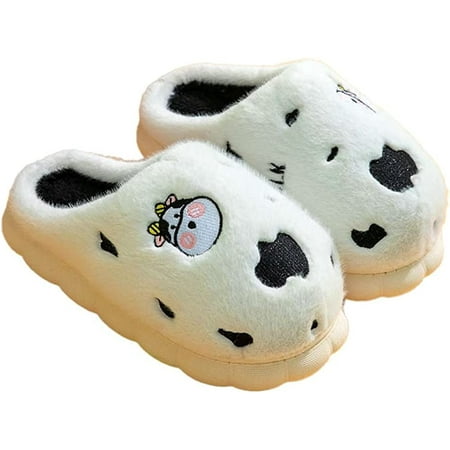 

PIKADINGNIS Cute Cow Print House Slippers for Women Men Soft Cozy Furry Fluffy Fur Wrap Heel Indoor Shoes