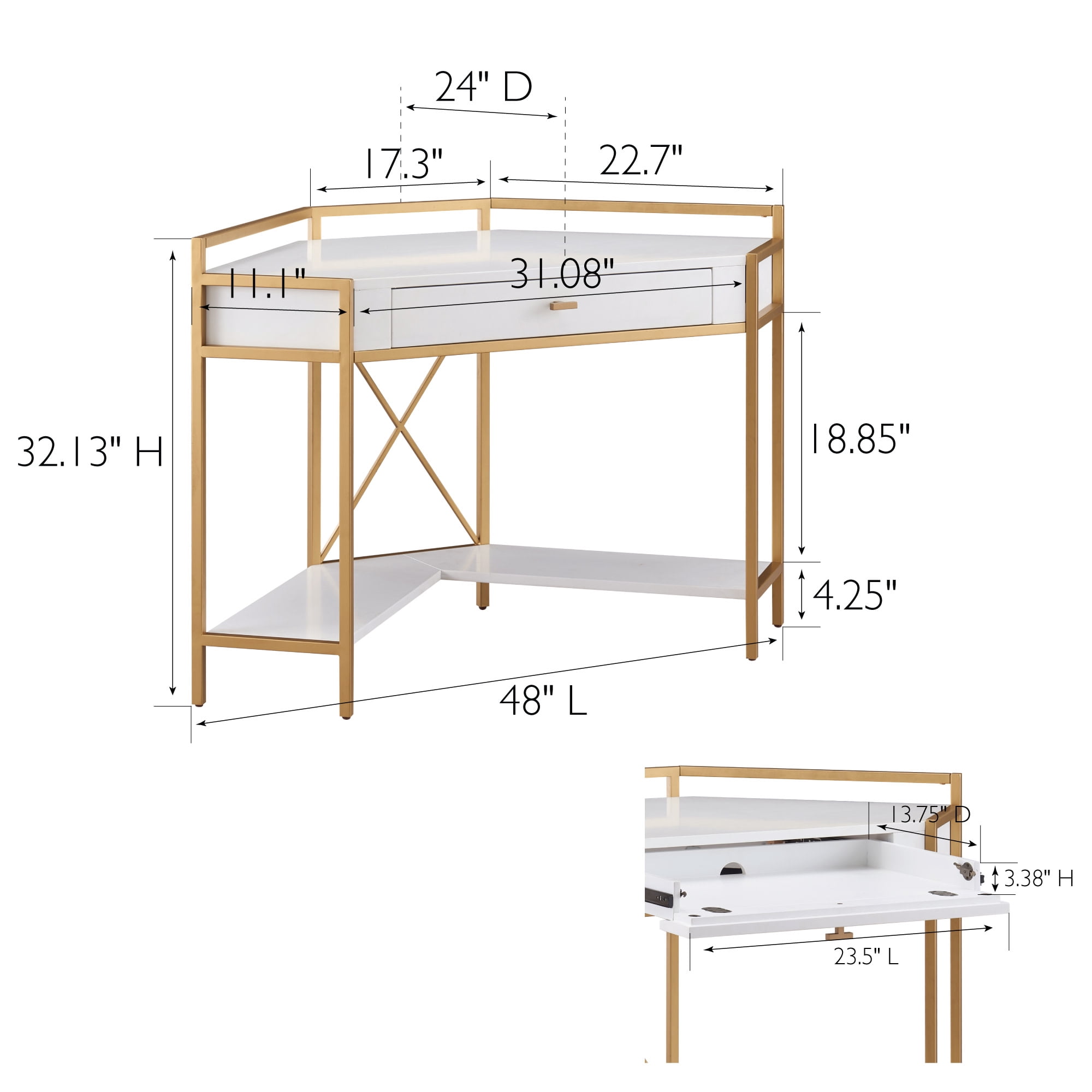 Leick Home Claudette Mixed Metal and Wood Corner Computer Desk, White/Satin Gold