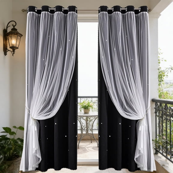 Curtains,Double Layer Blackout Curtains,84in Star Lace 2-in-1 Thermal Insulated Curtains for Bedroom Living Room,Fade Resistant Light Control Window Decor(Black)