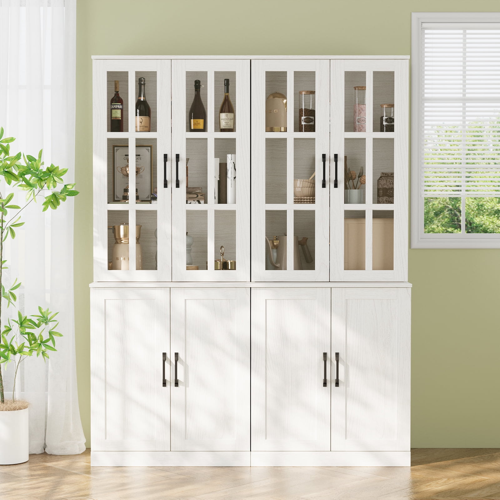 RichYa Kitchen Pantry Cabinet Set of 4,94" W Buffet Sideboard Coffee Bar with Glass Door Hutch,Modular Storage Cabinets with Shelves & Drawers for Dining Room,White(BEEB)