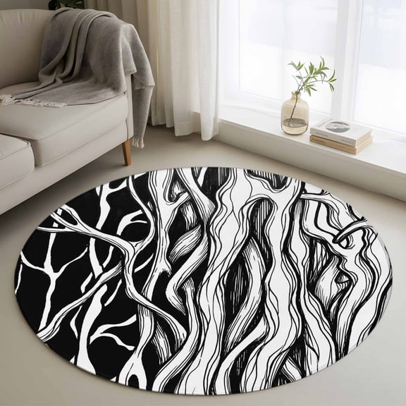 Round Rug 4Ft Washable Non-Slip, Black White Striped Circle Area Rugs for Living Room Bedroom, Farmhouse Stripes Modern Abstract Art Indoor Floor Mats Carpet Runner for Home Decor Aesthetic