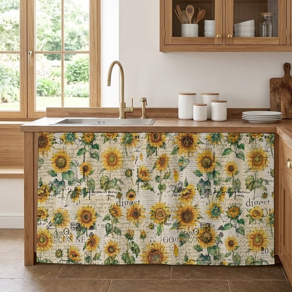 Farmhouse Sunflower Cabinet Curtain 28"Wx51"L, Dustproof Storage Cabinet Curtain with Self Adhesive Tape, Retro Summer Botanical Tall Pantry Cover Drape for Kitchen, Laundry Room, Utility Closet