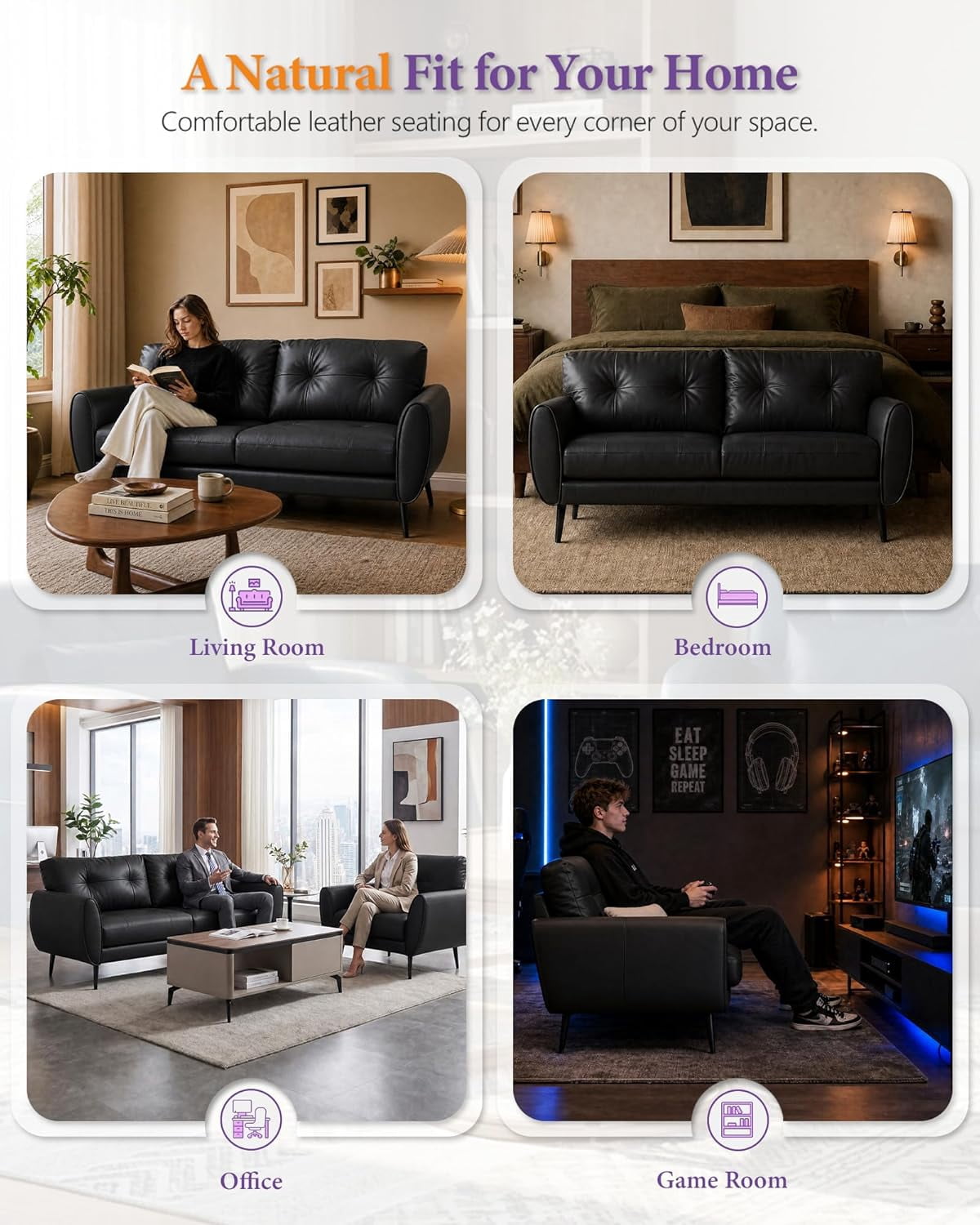 LAZZO 61" Faux Leather Loveseat, Mid Century Modern Tufted 2-Seat Sofa for Small Spaces, Black