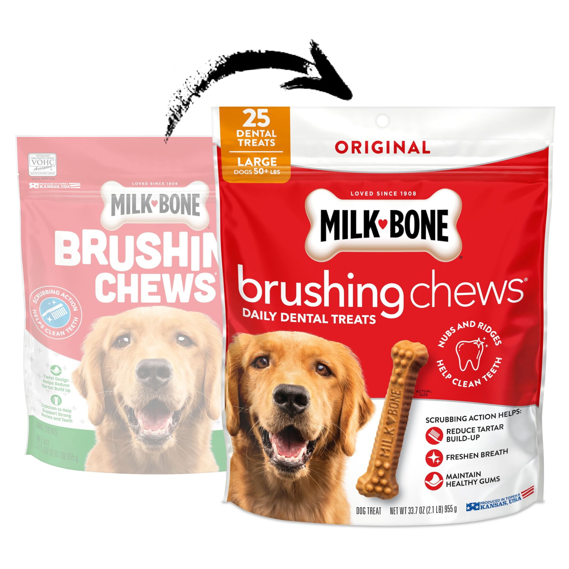 (4 pack) Milk Bone Brushing Chews Original Chicken Flavor Daily Dental Dog Treats, Large, 33.7 oz Bag