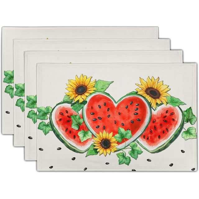 Summer Watermelon Placemat Set of 4,Sunflowers Table Mats Non Slip Heat-Resistant Washable Table Place Mats for Kitchen Dining Table Home Decoration 12 x 18 Inch