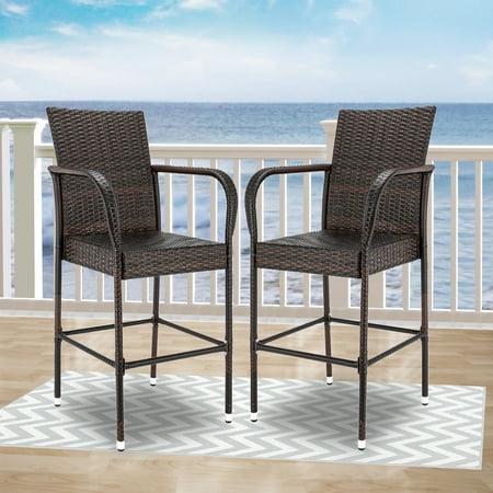 BTMWAY Outdoor Bar Stools 2 Piece PE Rattan High Bar Chairs All-weather Wicker Barstools Patio Outdoor Bar Height Chairs with Footrest and Armrest Patio Furniture Set for Bistro Garden Pool Brown